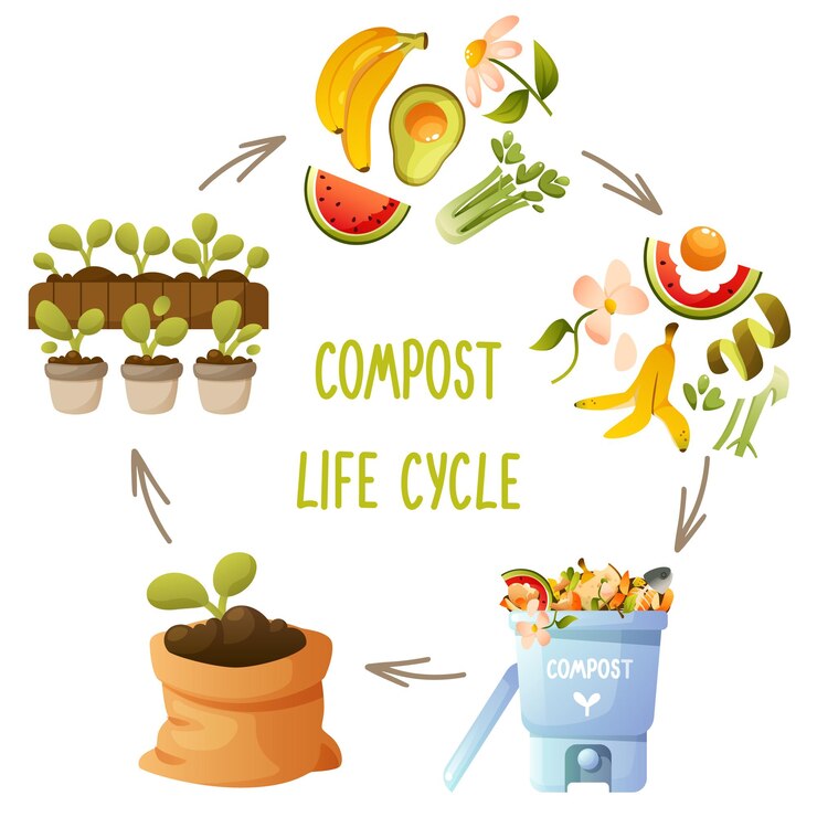 Vector diagrama del ciclo de vida del compost infográfico redondo de los procesos de compostado etapas del proceso de los residuos orgánicos