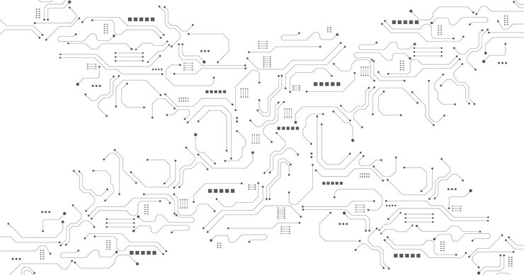Vector diagrama de circuito negro gris sobre fondo blanco. sistema de conexión de placa de circuito de alta tecnología. tecnología abstracta vectorial sobre fondo blanco.