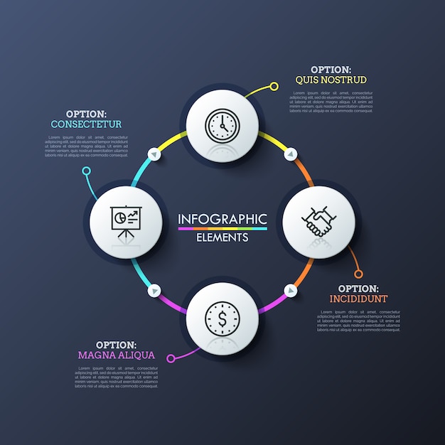 Diagrama circular con 4 elementos blancos redondos conectados por líneas de colores y botones de reproducción. Diseño de diseño infográfico moderno.