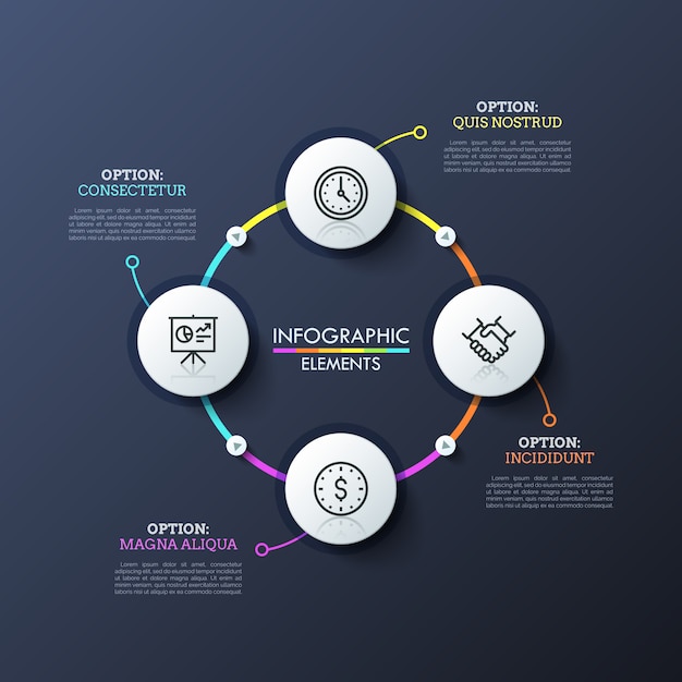 Diagrama circular con 4 elementos blancos redondos conectados por líneas de colores y botones de reproducción. diseño de diseño infográfico moderno.