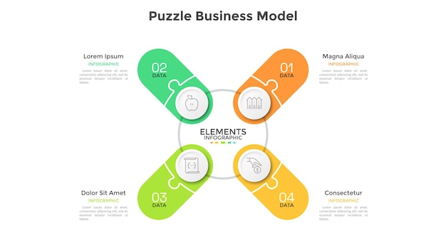 Diagrama circular con 4 piezas de rompecabezas de colores. concepto de modelo de negocio con cuatro etapas u opciones. plantilla de diseño de infografía plana. ilustración vectorial mínima para presentación, informe.
