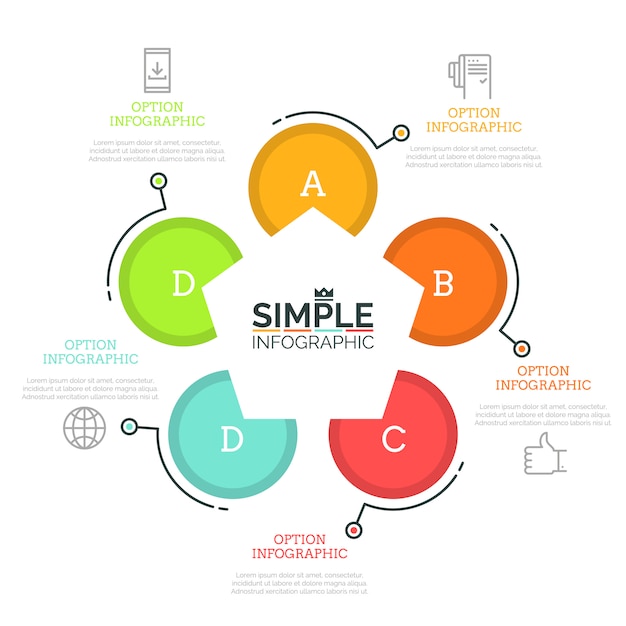 Diagrama circular con 5 elementos redondos marcados con letras, pentágono en el centro, iconos de líneas finas y cuadros de texto. gráfico con cinco opciones.