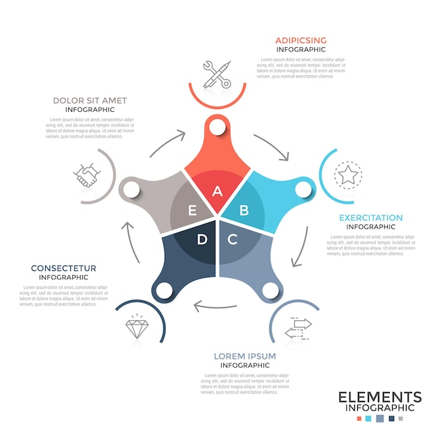 Diagrama circular dividido en 5 partes coloridas conectadas por flechas, símbolos lineales y lugar para el texto. concepto de ciclo de producción industrial. diseño de infografía moderna. ilustración vectorial.