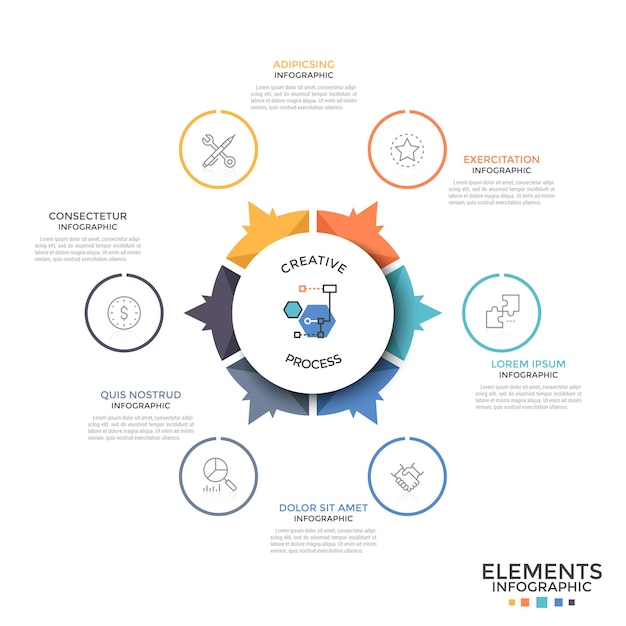 Diagrama circular dividido en 6 piezas o sectores de colores iguales con flechas que apuntan a iconos lineales y cuadros de texto. Plantilla de diseño infográfico inusual. Ilustración de vector de folleto, informe.
