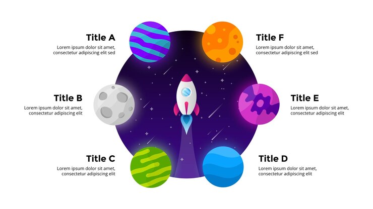 Vector diagrama circular infografía vectorial de inicio lanzamiento de cohete al espacio fondo del universo 6 opciones