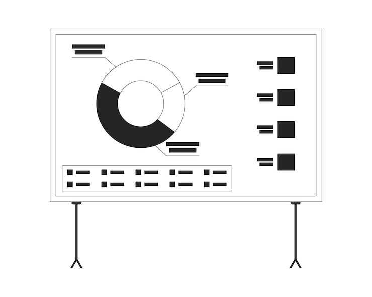 Vector diagrama circular segmentado en tablero de presentación objeto de línea 2d en blanco y negro