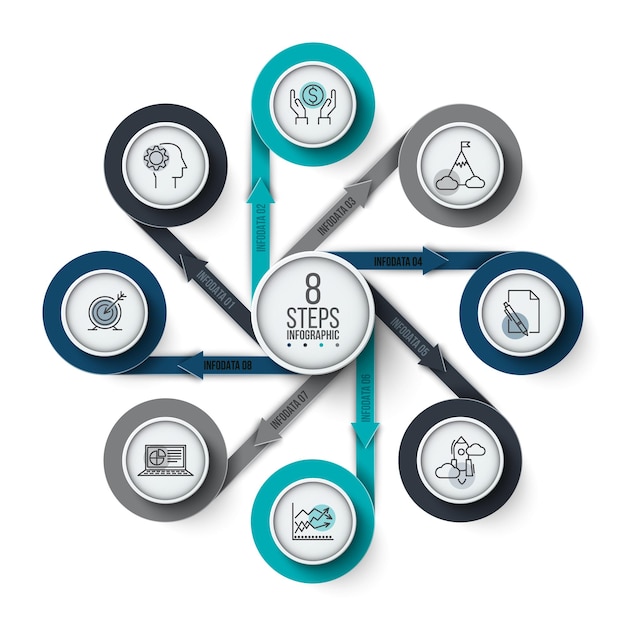 Diagrama de círculo infográfico con flechas. Diapositiva para presentación comercial con 8 opciones o pasos.