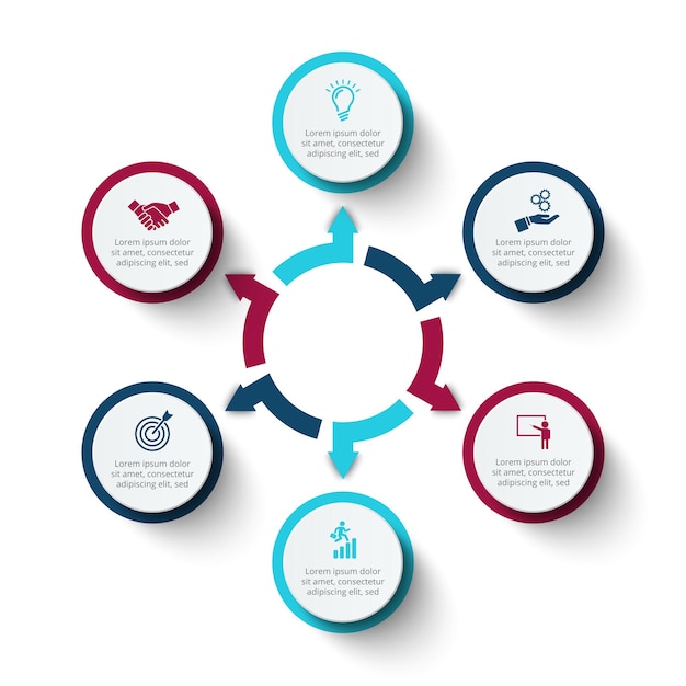 Diagrama de círculo infográfico con flechas. diapositiva para presentación empresarial con 6 opciones o pasos.