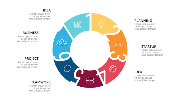 Diagrama de círculo plantilla de presentación de infografía vectorial tabla 7 pasos de opciones