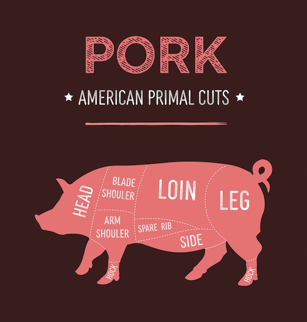 Diagrama de cortes primarios de carne de cerdo estadounidense, esquema estadounidense para carnicería