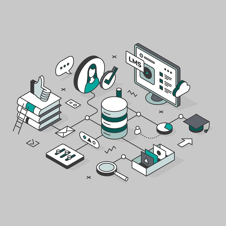 Vector diagrama del ecosistema del sistema de gestión de aprendizaje moderno (lms) vector isométrico