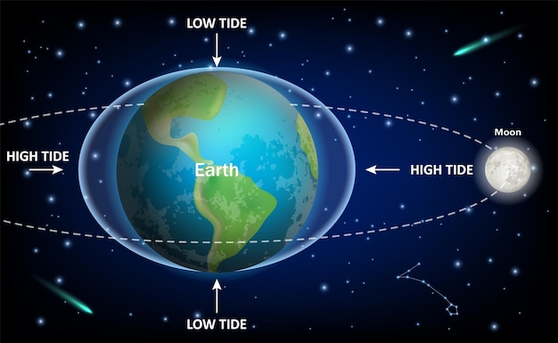 Diagrama de educación vectorial de mareas lunares bajas y altas