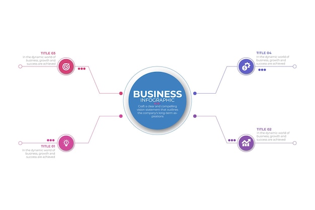 Diagrama de estructura de diseño de infografía de negocios que incluye 4 pasos o proceso con etiqueta de círculo colorido