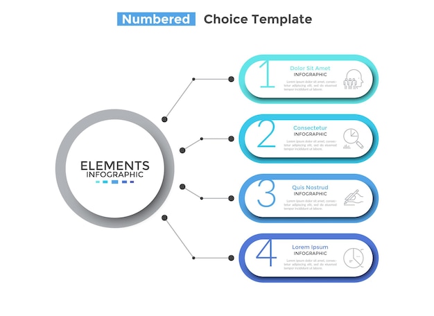 Diagrama de flujo con 4 elementos redondeados de papel blanco conectados al círculo principal. Concepto de cuatro etapas del proyecto empresarial. Plantilla de diseño de infografía moderna. Ilustración de vector plano para presentación.