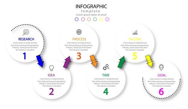 Diagrama de flujo con elementos circulares plantilla de diseño infográfico 6 opciones