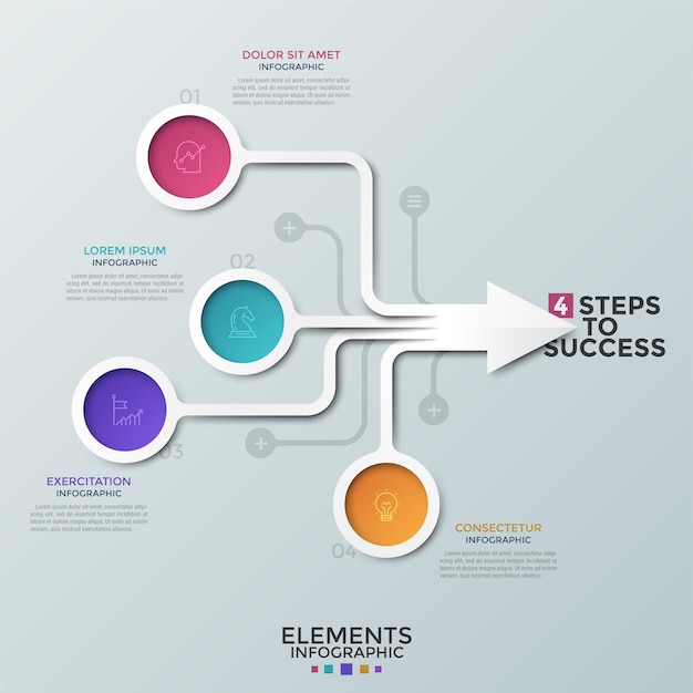 Diagrama de flujo, elementos redondos coloridos con iconos lineales dentro conectados en flechas, cuadros de texto. Concepto de 4 características del progreso empresarial. Plantilla de diseño de infografía creativa. Ilustración vectorial.
