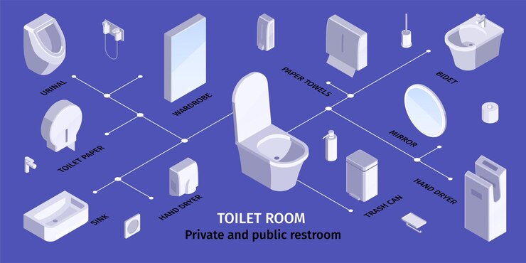 Vector diagrama de flujo infográfico isométrico del inodoro del baño con lavabo, urinario, papel higiénico, secador de manos, espejo, bidé, fondo, ilustración vectorial