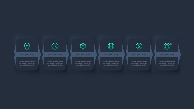 Diagrama de flujo neumórfico iinfográfico oscuro Concepto creativo para infográfico con 6 pasos