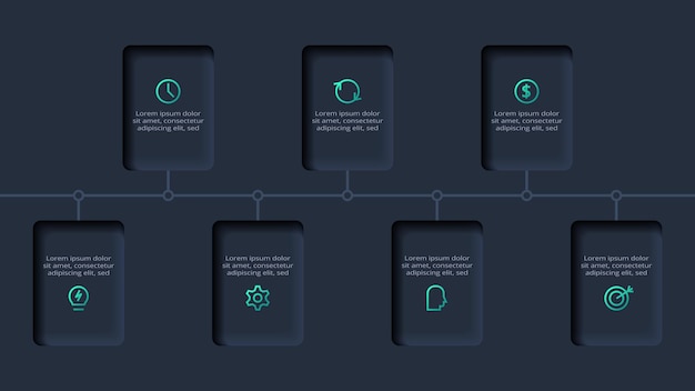 Diagrama de flujo neumórfico iinfográfico oscuro Concepto creativo para infográfico con 7 pasos