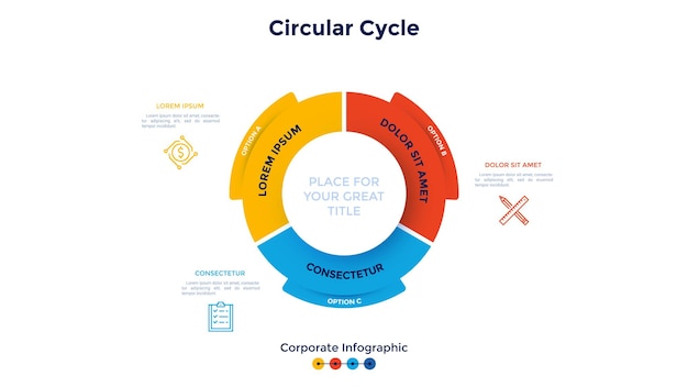 Diagrama en forma de anillo dividido en 3 sectores coloridos Concepto de tres etapas del ciclo de producción de la empresa Plantilla de diseño de infografía corporativa Ilustración de vector plano moderno para análisis de negocios