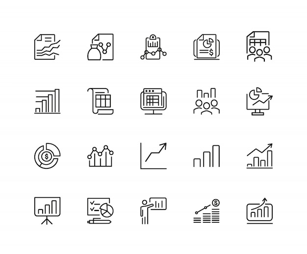 Diagrama de iconos. Conjunto de iconos de veinte líneas. Crecimiento financiero, presentación, informe.