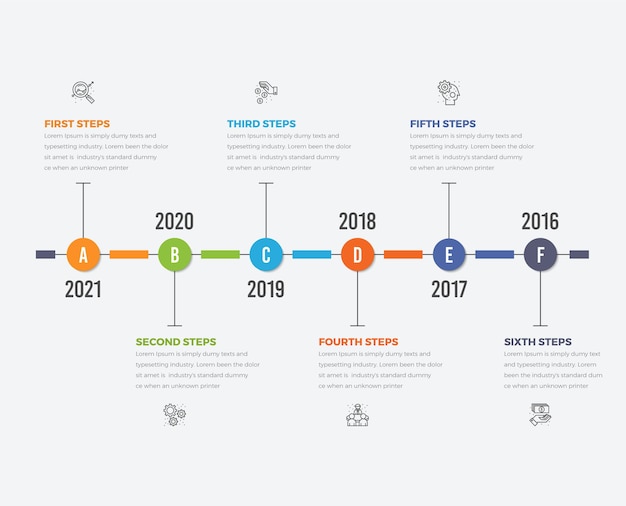 Vector diagrama de infografías de línea de tiempo con seis pasos.