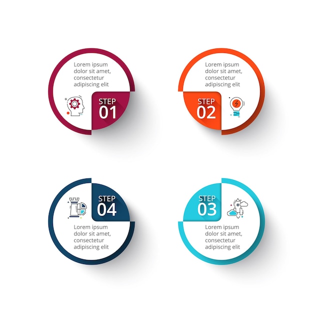 Diagrama infográfico de ciclo con 4 opciones o pasos. Diapositiva para presentación comercial.