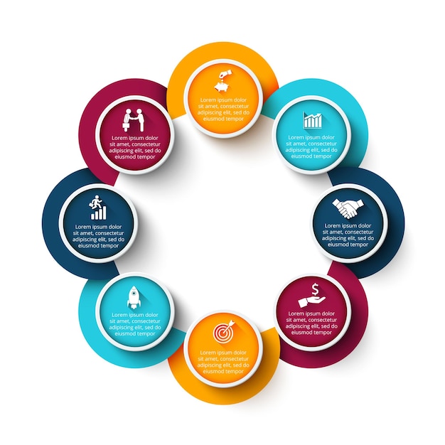 Diagrama infográfico de ciclo con 8 opciones o pasos. Diapositiva para presentación comercial.