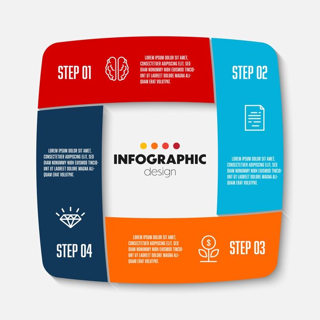Diagrama infográfico en gráfico 4 secciones con iconos de negocio para la presentación