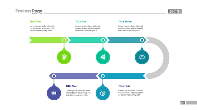 Diagrama de línea de tiempo con cinco pasos. gráfico de flecha, punteros de marca, plantilla editable.