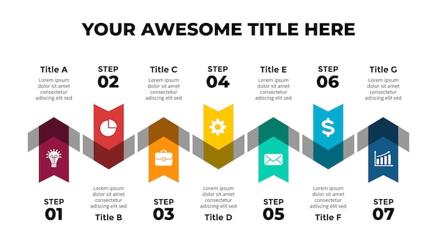 Diagrama de línea de tiempo de flechas plantilla de diapositiva de presentación de infografía vectorial gráfico 7 pasos partes