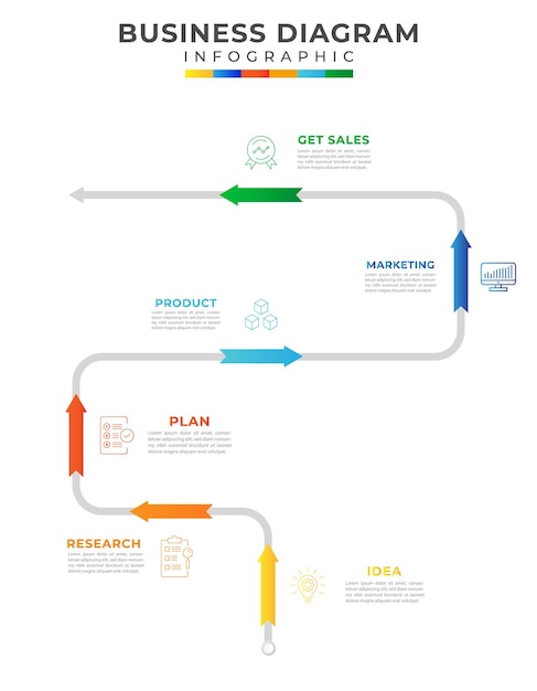 Diagrama de línea de tiempo moderno de 6 pasos con concepto de viaje por carretera e icono de símbolo