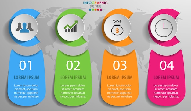 Diagrama de negocios infografía con iconos de 4 pasos y negocios