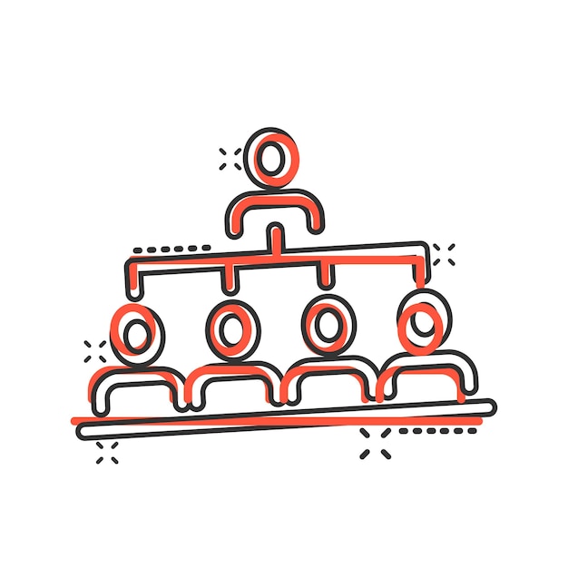 Diagrama de organización corporativa con icono vectorial de personas de negocios en estilo cómico Ilustración de dibujos animados de cooperación de personas en fondo blanco Trabajo en equipo Efecto de salpicaduras Concepto de negocio