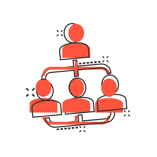 Diagrama de organización corporativa con icono vectorial de personas de negocios en estilo cómico Ilustración de dibujos animados de cooperación de personas en fondo blanco Trabajo en equipo Efecto de salpicaduras Concepto de negocio
