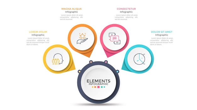 Diagrama de pétalos de flores con 4 círculos blancos de papel conectados al elemento redondo principal. Concepto de menú con cuatro opciones a elegir. Plantilla de diseño de infografía moderna. Ilustración de vector de presentación.