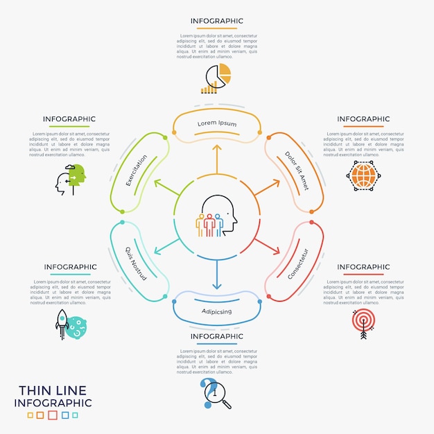 Diagrama de pétalos de flores con flechas apuntando a 6 elementos redondeados, iconos planos y cuadros de texto. concepto de seis pasos del plan estratégico de negocios. plantilla de diseño de infografía creativa. ilustración vectorial.