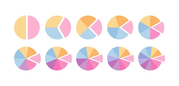 Diagrama de piezas con segmentos plantilla de sección de rebanadas gráfico de estructura circular dividido en segmentos multicolores gráfico circular