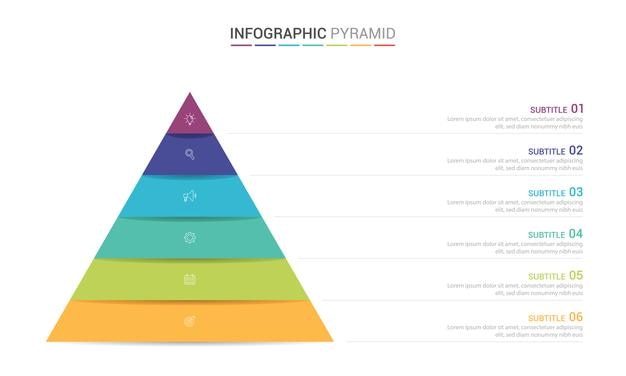 Diagrama de pirámide de negocios diseño vectorial infográfico 6 pasos en fondo blanco