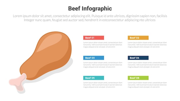 Diagrama de plantilla de infografía de carne o carne con muslos de cerdo de pollo con diseño de pasos de 6 puntos para la presentación de diapositivas