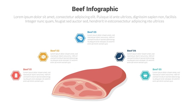 Vector diagrama de plantilla de infografía de carne o carne con una rebanada grande en punto circular con diseño de paso de 5 puntos para la presentación de diapositivas