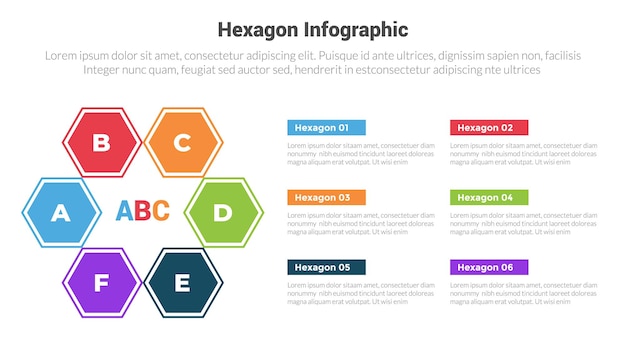 Vector diagrama de plantilla de infografía con ciclo circular en la columna izquierda con diseño creativo de pasos de 6 puntos para la presentación de diapositivas