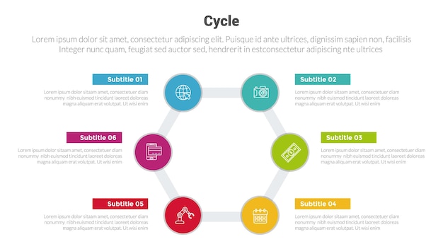 Diagrama de plantilla de infografía de etapa de ciclo o ciclos con círculo circular simétrico y diseño creativo de paso de 6 puntos para presentación de diapositivas