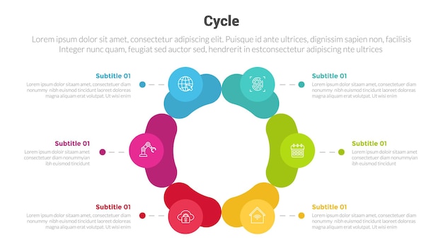 Diagrama de plantilla de infografía de etapa de ciclo o ciclos con forma redonda circular simétrica y diseño creativo de 6 puntos para presentación de diapositivas