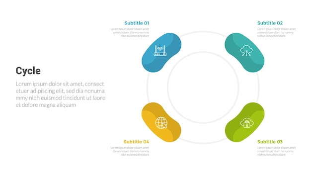 Diagrama de plantilla de infografía de etapa de ciclo o ciclos con redondo o redondeado en la columna derecha y diseño creativo de 4 puntos para presentación de diapositivas