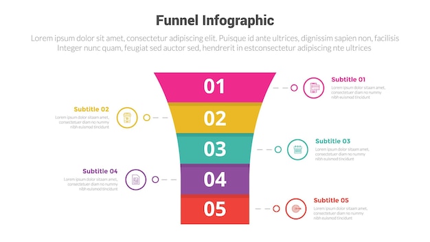 Diagrama de plantilla de infografía de forma de embudo con reducción redonda en el centro y diseño creativo de 5 puntos para el vector de presentación de diapositivas