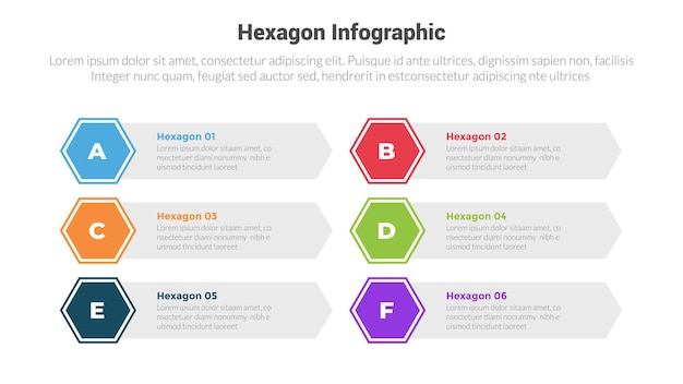 diagrama de plantilla de infografías con contenedor hexagonal largo con 6 puntos de paso diseño creativo para presentación de diapositivas