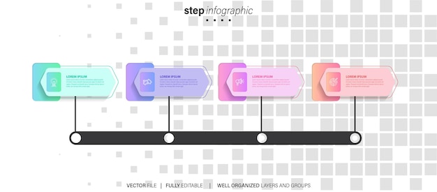 Diagrama de plantilla de infografías de escenario con forma horizontal rectangular en dirección correcta y paso de 4 puntos