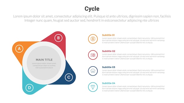 Diagrama de plantilla de infografías de etapa de ciclo o ciclos con borde redondo en forma de burbuja y diseño creativo de paso de 4 puntos para vector de presentación de diapositivas