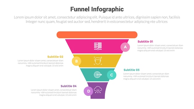 Vector diagrama de plantilla de infografías de forma de embudo con embudos en el centro y la insignia de círculo pequeño y diseño creativo de pasos de 4 puntos para la presentación de diapositivas vectorial